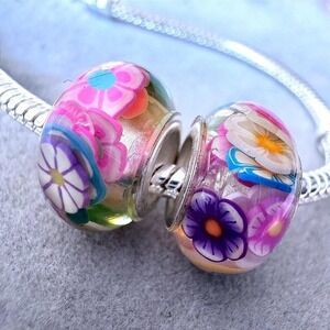 2 Pcs Floral Flower Garden Multicolored Bead Charm fits PANDORA